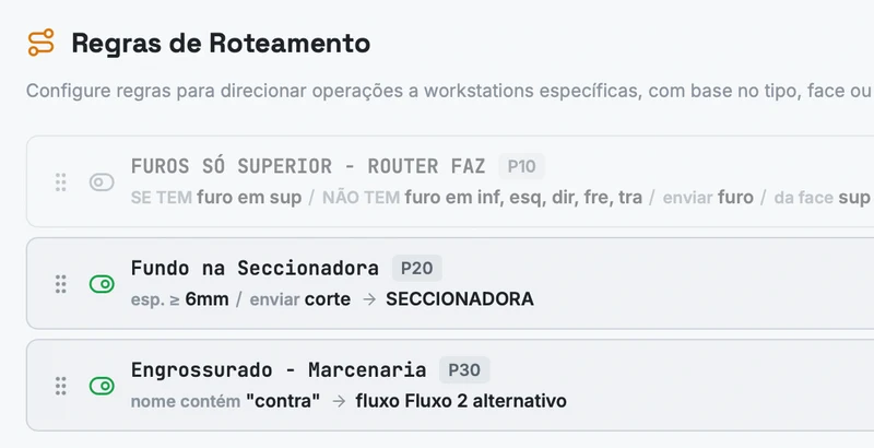 Tela de regras de roteamento direcionando operações para máquinas específicas