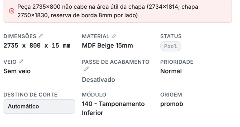 Erro avisando que a peça e maior que a area util da chapa